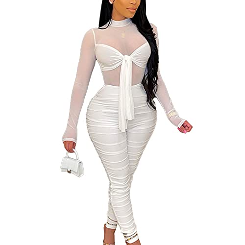 Sexy Bodycon Jumpsuit for Women See Through Party Clubwear Mesh Sheer Long Sleeve One Piece Outfits White XL