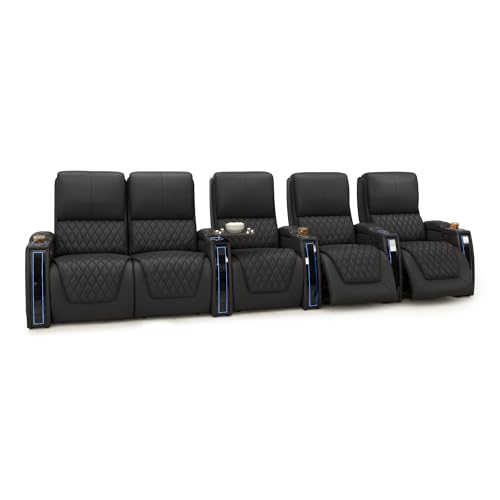 Image of Seatcraft Apex Black Italian Leather Home Theater Seating, Zero Gravity Power Recliner Chair, Powered Headrest and Lumbar Gaming and Lounge Sofa Furniture for Cinema Room, Row of 5 Left Loveseats