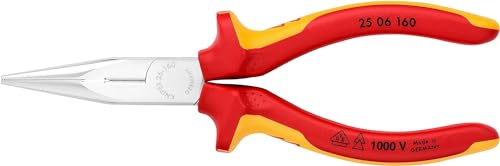 KNIPEX Flachrundzange mit Schneide (Radiozange) verchromt isoliert mit Mehrkomponenten-Hüllen, VDE-geprüft 160 mm, 25 06 160