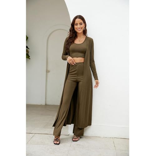 Womens 3 Piece Outfits Open Front Cardigan Cover Up Crop Tank Tops Wide Leg Palazzo Pants Loungewear Set