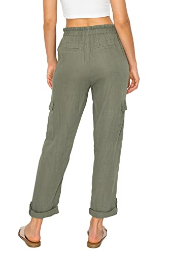 Cali1850 Women's Paper Bag Linen Pants – High Waisted Elastic Waistband Self Tie Belt Oceanside Beach Trousers with Pockets3
