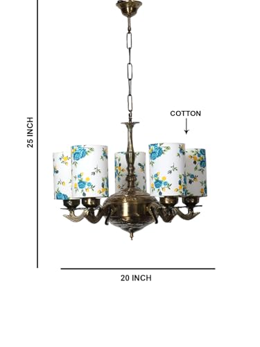 Image of Devansh 05 Lights Printed Round Cotton Shade with Antique Golden Chandelier -E