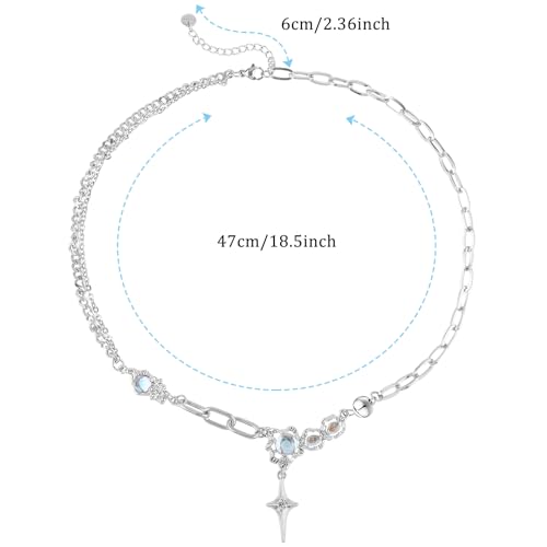 Silver Y2k Star Pendant Necklace Rhinestone Moonstone Irregular Necklace Adjustable Grunge Jewelry Gifts Accessories for Women Aesthetic Star Necklace2