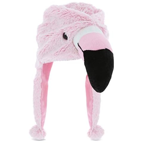DolliBu Stuffed Animal Plush Hat - Super Soft Warm Hat With Ear Flaps, Funny Hat for Winter with Cozy Fleece, Plush Toy Novelty Hats for Kids, Teens, and Adults - One Size, Pink Flamingo Hat Cover
