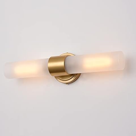 DAYCENT Modern Gold Bathroom Light Fixtures 2-Light Frosted Glass Wall Sconce Brass Cylinder Bathroom Vanity Lights Bedside Mirror Lighting, 20" H Cover