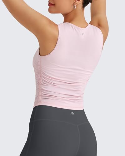 Image of G4Free Skimetic Workout Tank Tops for Women Side Ruched Sleeveless High Neck Crop Top Summer Athletic Gym Shirts