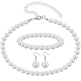 DIVINA VITAE 3 Pcs 8mm Pearl Necklace Bracelet Earrings Set Faux Pearl Jewelry Set for Women Simulated Pearl Necklaces Set Round White Pearl Costume Jewelry Accessories for Women Brides Wedding Gift