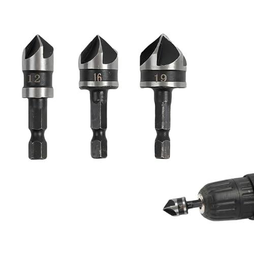 3 Pieces 1/4 Inch Hex Shank, Countersink Drill Bit Set, 90 Degree 5-Flute Chamfer Tool for Woodworking, 12/16/19mm Countersink Bits for Woodworking