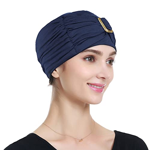 Head Wraps For Women Soft Cotton Beanie Hats For Cancer Patients Navy Blue #TOP3