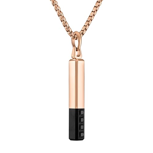 Bulova Jewelry Men's Latin Grammy Rose Gold Stainless Steel Bar Shaped Amulet Pendant, Inlay Black Spinel,Rose Tone Stainless Steel Rounded Box Link Chain Necklace Style:BVC1074-RSTBSP2