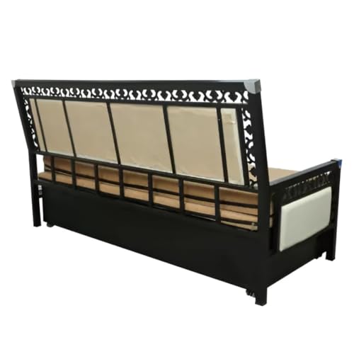 Image of Rexo Metal Sofa Cum Bed with Hydraulic Storage | 3 Seater Convertible Sofa Bed for Living Room | Heavy Duty Metal FrameMatte Black Finish with Light Brown Cushion, Queen