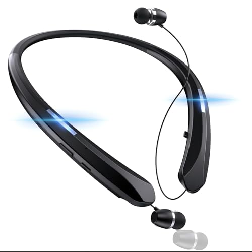 PIMAKOI Bluetooth 5.3 Neckband Bluetooth Headphones Retractable Headphone IPX5 Sweatproof & Vibration Notifications Secure Fit and Stereo Sound for Cycling and Hiking