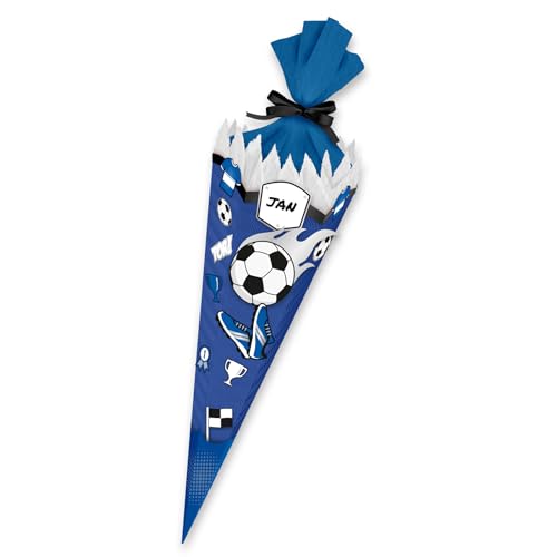 itenga SCHULTÜTEN Bastelset FUSSBALL 68cm - 3D Wellpappe - für echte Fussball Fans in den Farben deines Lieblingsvereins (Schultüte blau - Deko blau weiß)