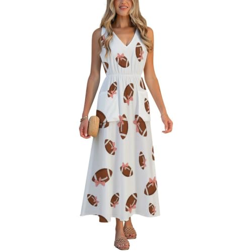 LGHKLVXPZE Casual Long Sundress, Pink Bow Football White, Women's V Neck Sleeveless Maxi Dress with Pockets for Mom Wife Girls Summer Daily Wear Holidays Party