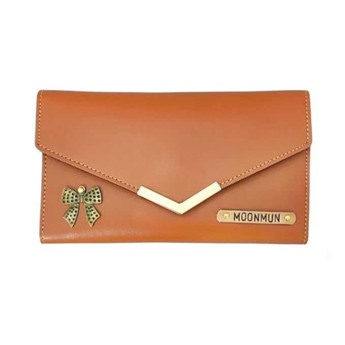 Image of Customized Women's Clutch with Personalized Name & Charm | Premium PU Leather Ladies Wallet (Tan)