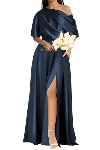 One Shoulder Satin Mother of The Bride Dresses for Wedding Mermaid Short Sleeve Long Mother of The Groom Dress