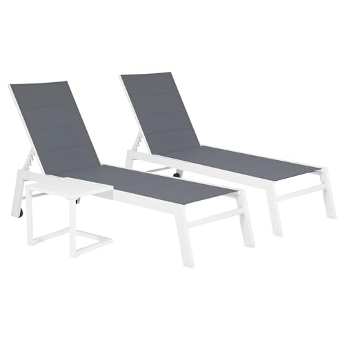 Happy Garden Set 2 Bains de Soleil Barbados en textilène Gris et Aluminium Blanc + Table d'appoint. Transat d'extérieur Multi Position.