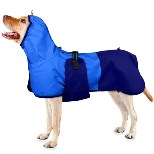 Impermeabile Cane Taglia Grande, Giacca Impermeabile Mantella Antipioggia Cani Leggera Vestito Impermeabile Catarifrangente con Apertura per Guinzaglio(Blu, XL)