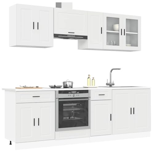 Qnhdfrt 8-Piece White Kitchen Cabinet Set Porto, Engineered Wood Wall & Base Units, 80x46x81.5 cm Sink Cabinet Included, Modern Storage Cupboard Furniture for Contemporary Pantry