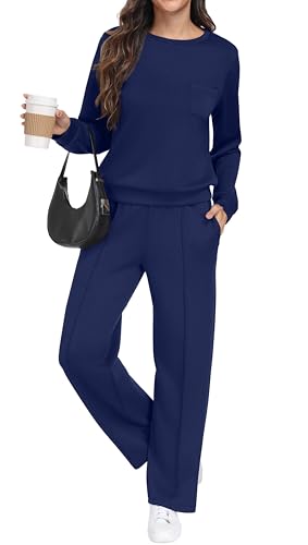 GRECERELLE Trainingsanzug Jogginganzug Damen Zweiteiler Outfits Tracksuit Langarm Lässige Crew Neck Casual Tops und Jogginghosen Trainingsanzüge mit Taschen (Marineblau, M)
