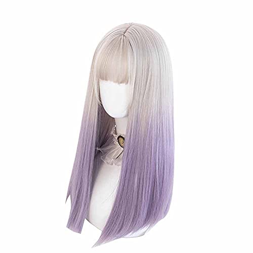 osseoca Gray Gradient Purple Long Straight Synthetic Hair Lolita Anime Halloween Carnival Comic Exhibition Cosplay Hair Natural COS Ombre Wigs with Bangs