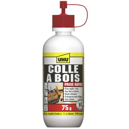UHU Colle à Bois Express- Colle Bois Vinylique Extra Forte et Séchage Rapide - Résistante à l'Humidité (D2) - Sans Solvant - Transparente après Séchage - Bouteille de 75 g