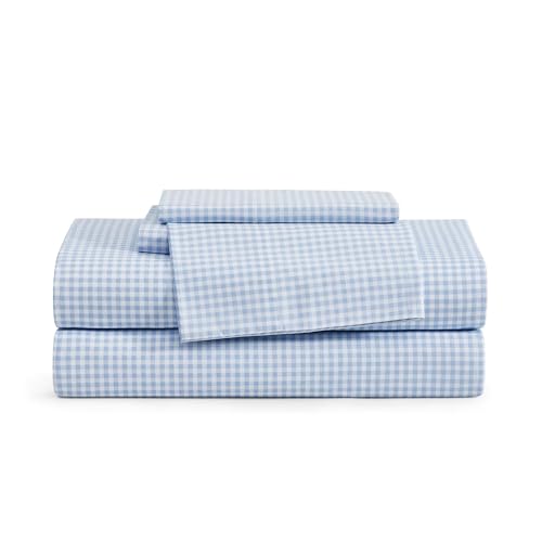 Image of Tommy Hilfiger - King Size Sheet Set, Crisp & Tailored Cooling Sheets with a Smooth Cotton Percale Lightweight Feel - Bed Sheets with Matching Pillowcases & Fitted Sheet (Gardena Check Blue)