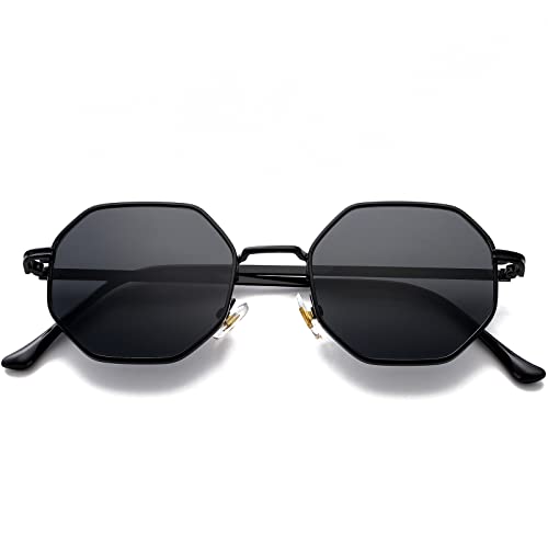 PORADAY Square Sunglasses for Women Men Retro Octagon Metal Sun Glasses Vintage Polygon Shades (Black)