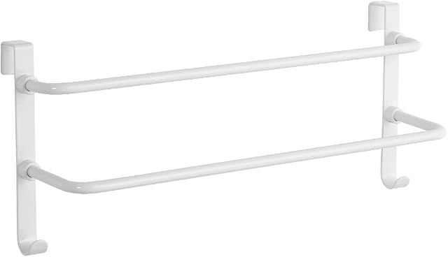 EMKE Double Towel Rail, Bathroom Over the Door Hanging Towel Rack with Hooks, Stainless Steel Sink Towel Holder with Large Space for Kitchen Toilet Hotel Shower Room, Radiator Towel Rail, White