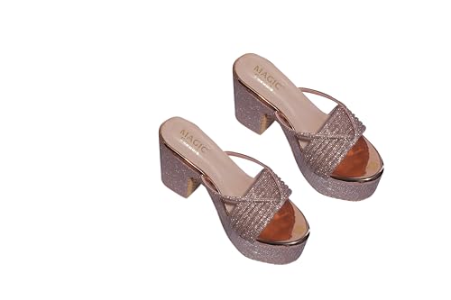 Image of Women's Stylish Platform Block Heel Sandals with Glitter Finish, Cross Strap Design, Cushioned Insole & Slip-On Comfort - Perfect for Weddings, Receptions, Festive & Evening