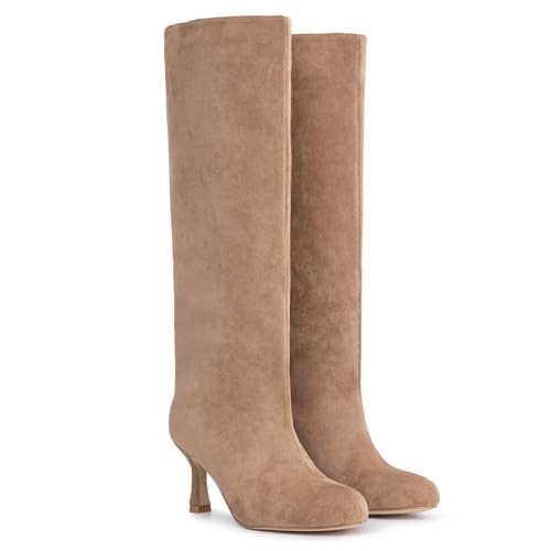 Athlefit Women's Suede Knee High Boots High Heel Stiletto Tall Boots Nude Fashion Slouchy Heeled Long Booties Size 8.53