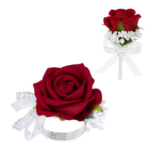 Vkkperp 2Pcs Red Artificial Rose Corsage Wristlet Band and Men Boutonniere Set for Prom Suit Decorations Wedding Party Flower Accessories
