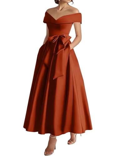 Satin Mother of Bride Dresses for Women Off The Shoulder Tea Length Formal Wedding Guest Dress with Bow