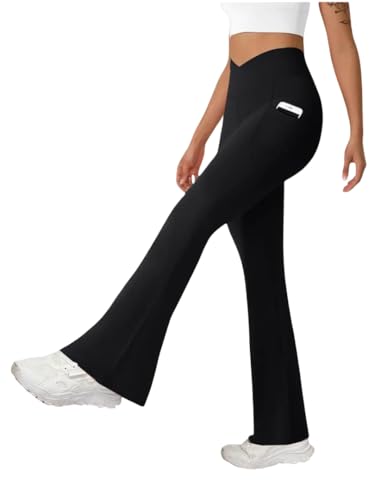Image of Imperative Women's Crossover High Waist Flared Yoga Pants with Phone Pocket, Comfort-Fit, Track Pants, Gym Tights