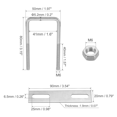 Image of PATIKIL M6x40x80mm Square U-Bolts Kit, 4Set 304 Stainless Steel Square U Shaped Bolts Replacement Parts with Frame Plates and Nuts for Ski Board Sailboat Trailer