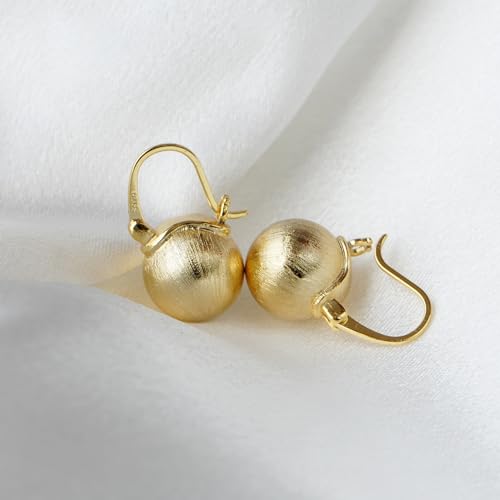 OwMell Elegant 12mm Gold Pearl Drop Earrings - Sterling Silver Dangle Studs for Women, Unique Brushed Finish - Image 5