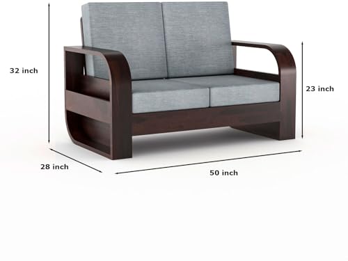 Image of Sheesham Wood 2-Seater Sofa Set - Solid Wood Furniture with Walnut Finish & Grey 40-Density Cushions | Wooden Couch for Living Room & Home Office