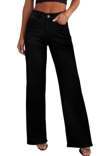 PRETTYGARDEN Wide Leg Jeans for Women Trendy High Waisted Stretchy Baggy Raw Hem Denim Palazzo Pants 2026 Spring Fall Clothes (Solid Black,10)