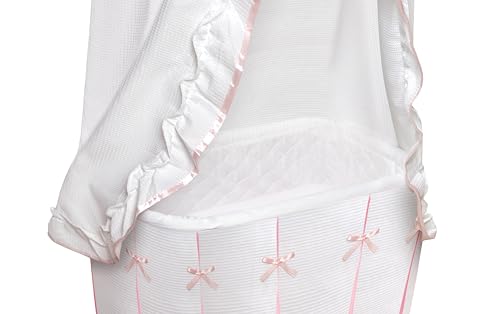 Badger Basket Majesty Canopy Bassinet - Rocking Baby Cradle with Mattress, Bedding Set, Storage Shelf, Caster Wheels, and Draped Canopy - Oval Nursery Sleeper - White/Pink