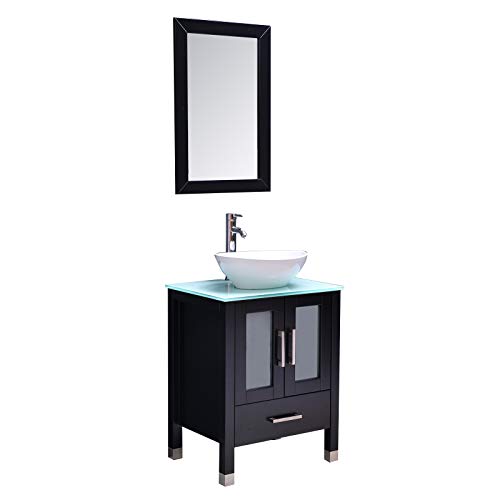 Danseelee 24'' Tempered Glass Top Modern Bathroom Vanity And Sink Combo Stand Cabinet,White Oval Ceramic Vessel Sink With Mirror,Contains Faucet And Pop-Up Drain (Black) #TOP16
