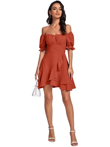 Image of LYANER Women's Square Neck Ruffle Mini Dress Off The Shoulder Short Sleeve A Line Flowy Graduation Dresses