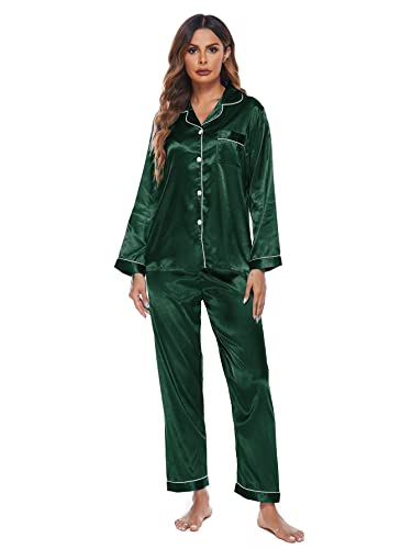iyoimono Damen Schlafanzug Pyjama Satin Lang Nachtwäsche Set Klassische Loungewear Silk Langen Ärmeln Button-Down Nachtwäsche Hosen Nachtkleid Lingerie Lounge-Mode(6004 Grün,M) Cover
