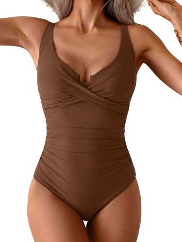 Image of B2prity Women's Underwire One Piece Swimsuit Tummy Control Ruched Bathing Suit Criss Cross V Neck Swimwear