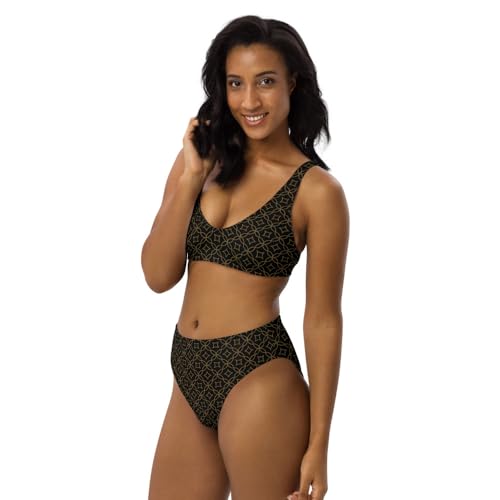 Black Geometric Recycled Bikini Set – High-Waisted Eco Swimwear with Gold Pattern for Women