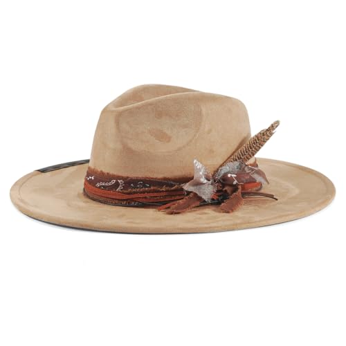 JERRCHEEZUNA Brim Hat for Men Handmade Fedora Women Cowboy Felt Boho Western Dress Hats M-L