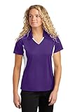 SPORT-TEK Women's Side Blocked Micropique Sport-Wick Polo | Short Sleeve Collared Shirt, Athletic Top with Colorblock Details Purple/White