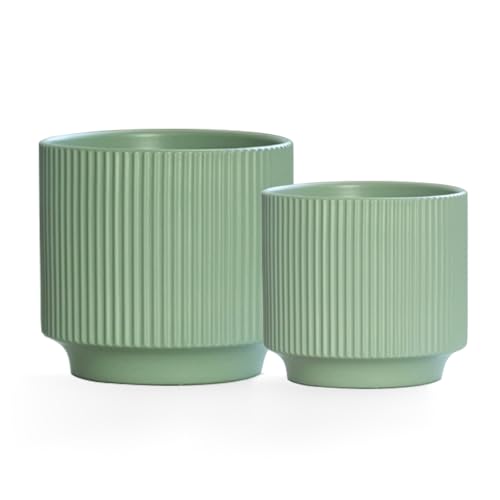 Puoyikt Ceramic 4.9+6.3 inch Planters, Modern Home and Office Flowerpot, Indoor and Outdoor Flowerpot with Drainage Hole (Green)
