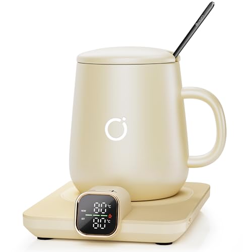 Ikago Heated Smart Coffee & Tea Mug Warmer Set - 1℃ Precise Temp Control & Real-Time Display, Auto Shut-Off, Electric Mug Warmer for Desk, Ideal Gifts for Women & Men, Home & Office, Beige option
