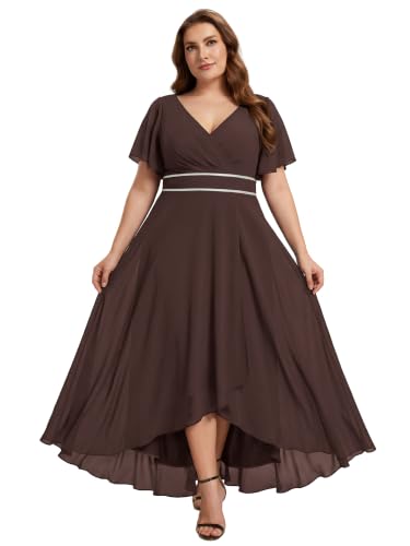 Image of Ever-Pretty Plus Women's Chiffon V-Neck Beading Ruffles Sleeves Maxi High Low Plus Size Formal Dresses