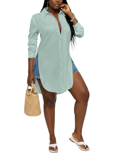 Image of LYANER Women's Collar Neck Long Sleeve Button Down Shirts Sexy Split Hem Tops Long Blouse Shirt Dress
